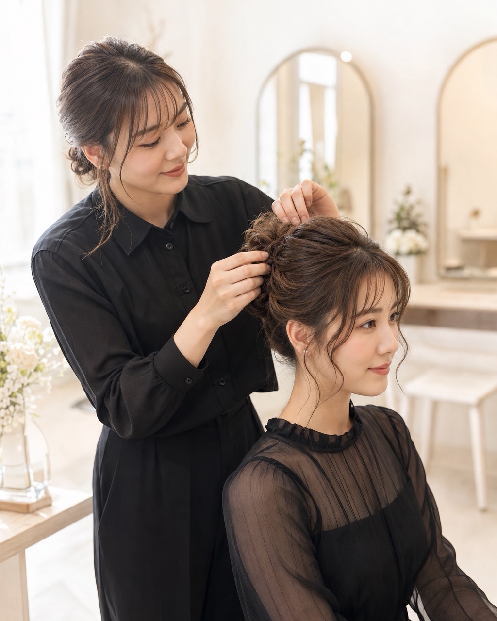 ヘアメイク施術中のスタイリスト