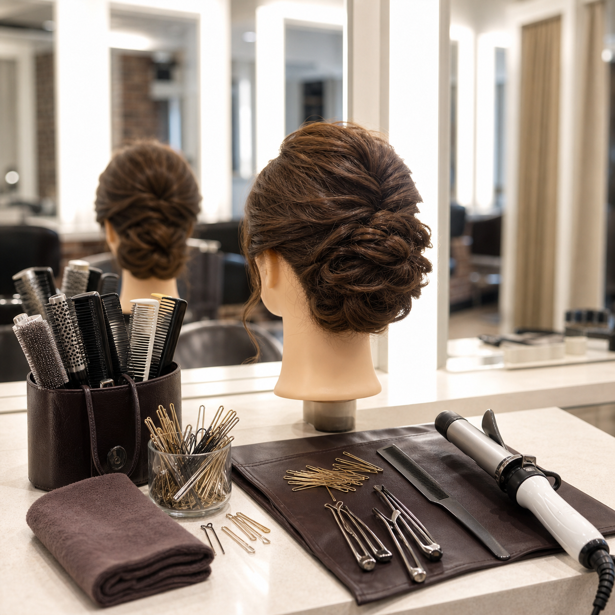 ヘアセット施術とスタイリング道具のイメージ